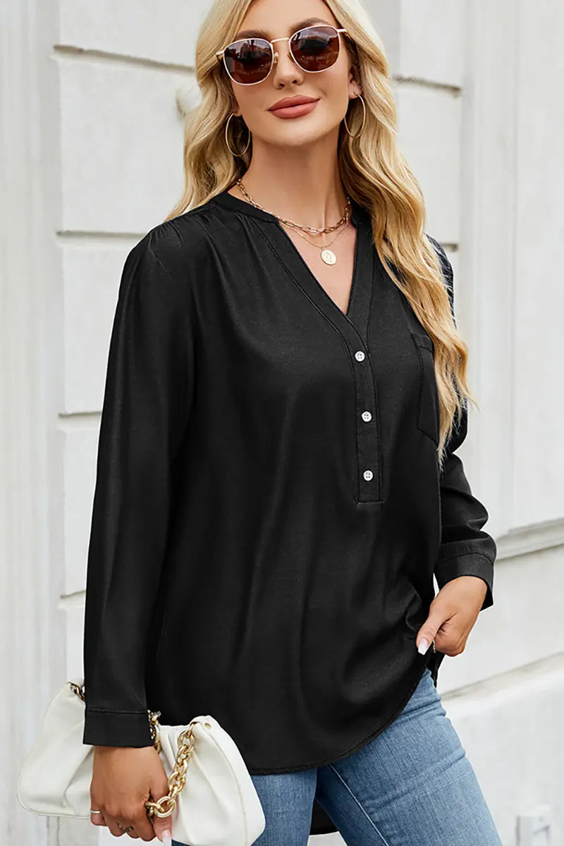 Chic Button-Down V-Neck Denim-Look Blouse