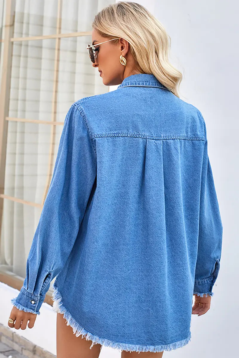 Loose Frayed Denim Shirt with Sequin Pocket