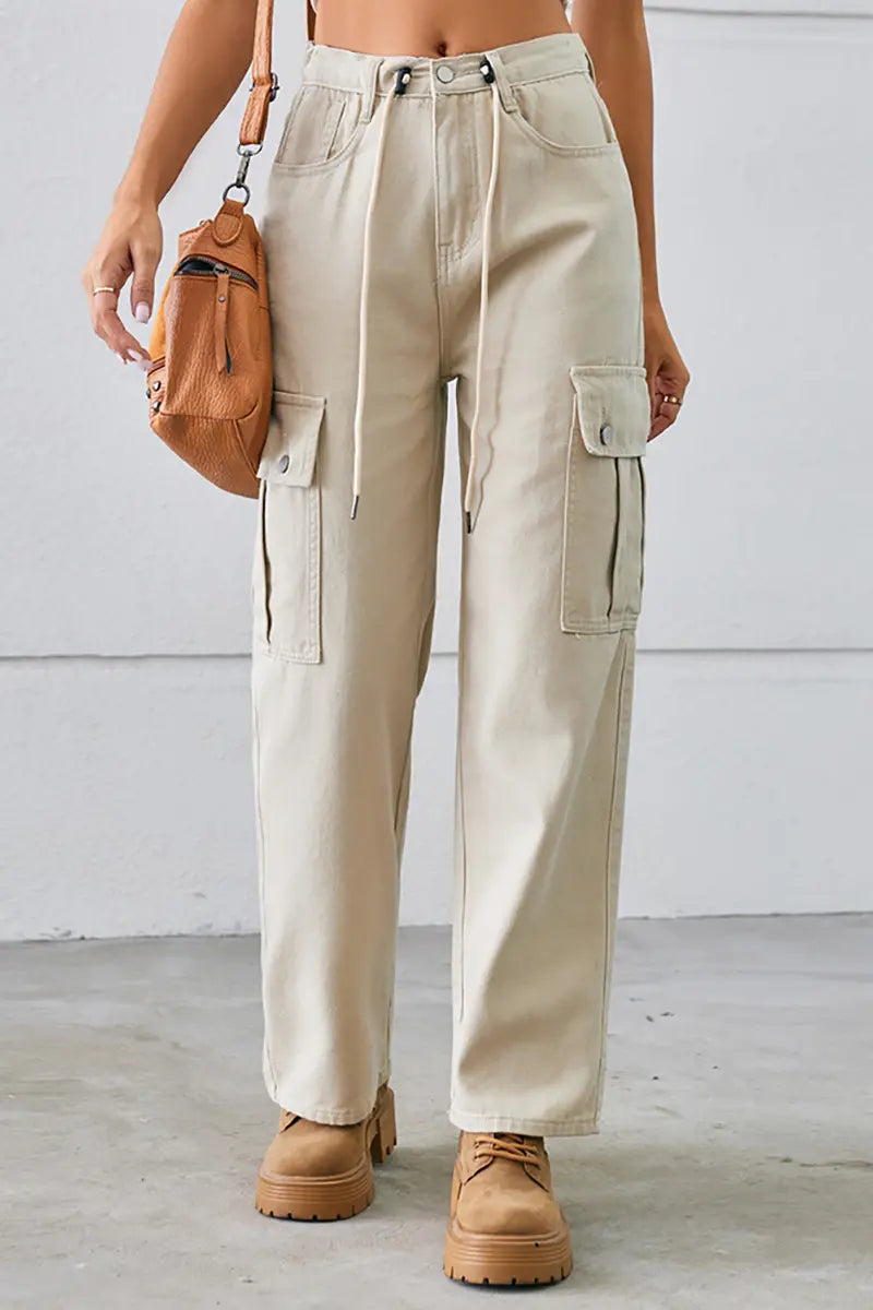 Adjustable Drawstring Washed Denim Cargo Pants