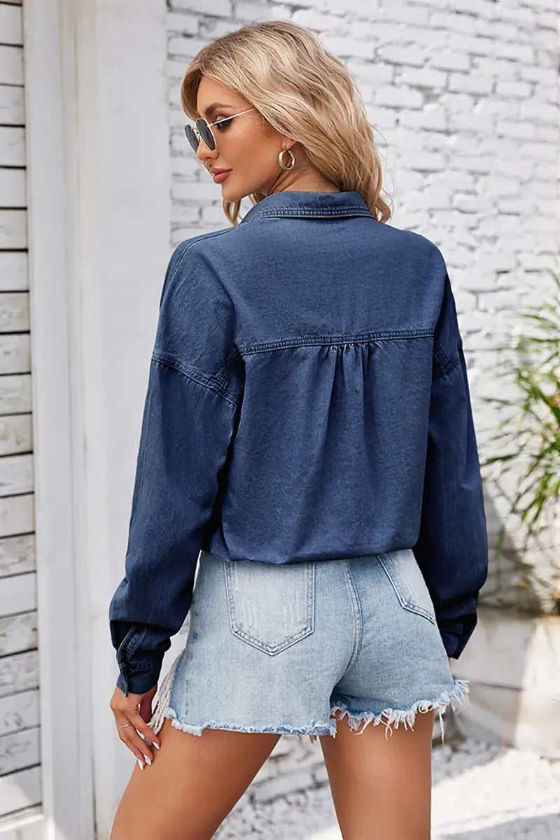 Lente Taillekoord Gewassen Denim Overhemd