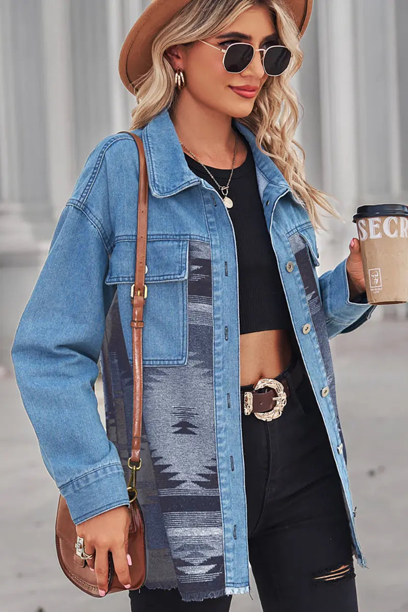 Aztec Geometric Long Denim Patchwork Wool Coat