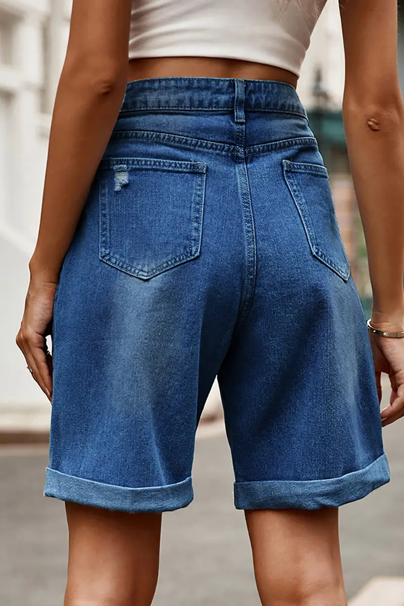 Distressed Cuffed Denim Bermuda Shorts