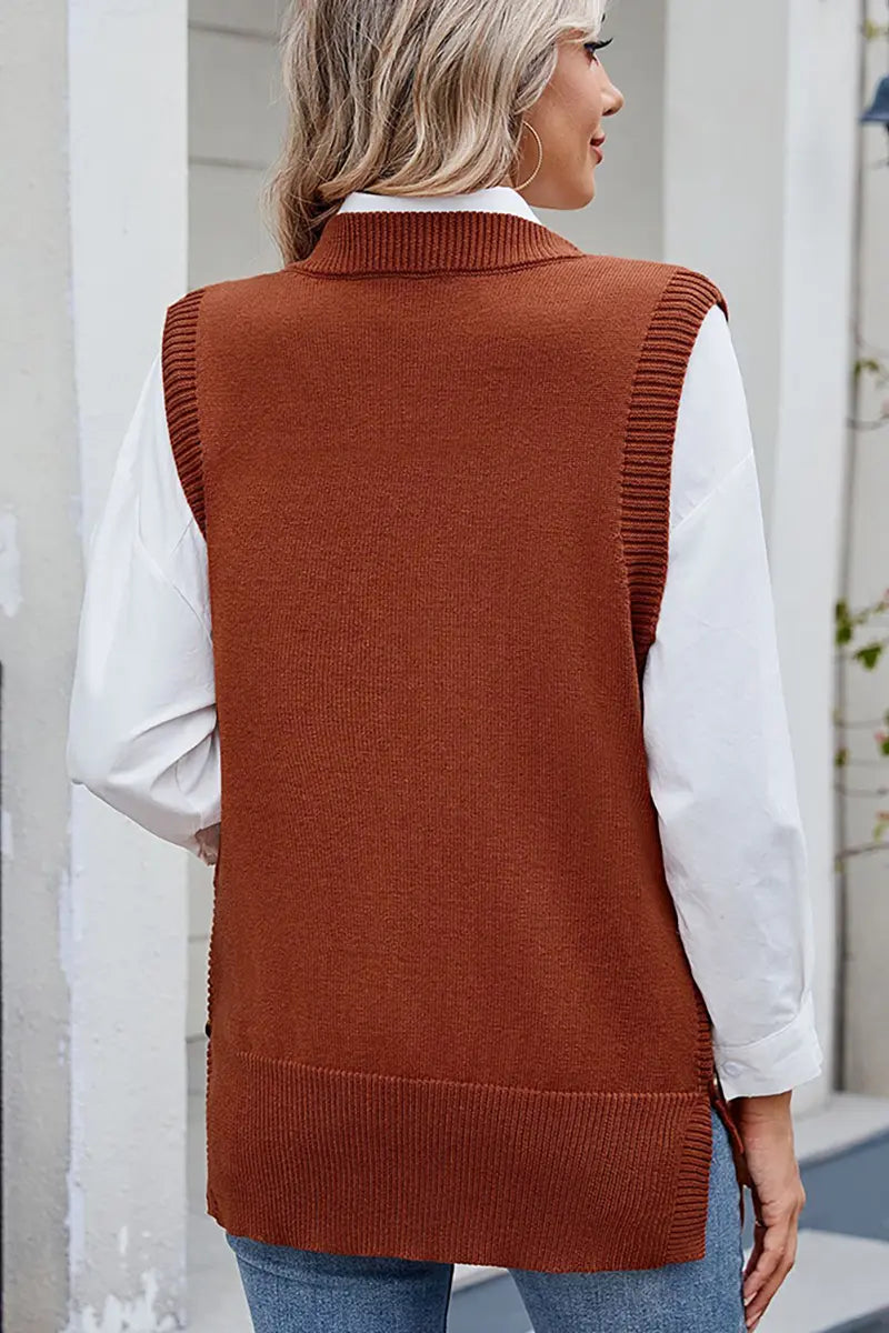 Casual Versatile Solid Button Slit Knit Sweater