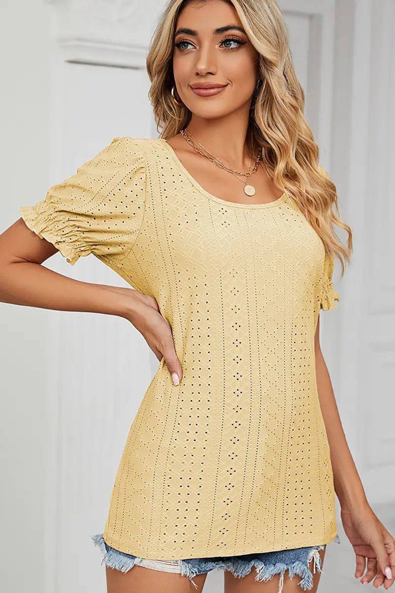 Zomer Effen Crew-Neck Top met Prinsessenhals en Mouwen