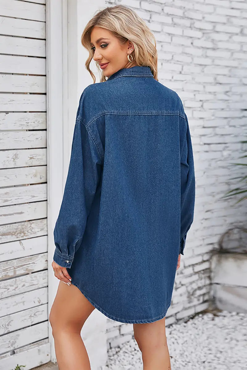 Vintage gewassen denim midi-jurk met lange mouwen