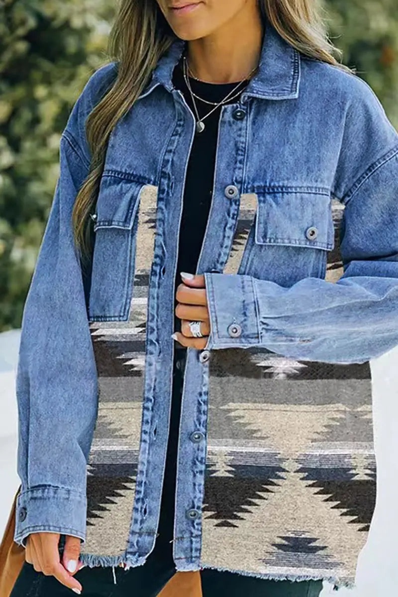Boho Geometric Patchwork Denim Wool Coat