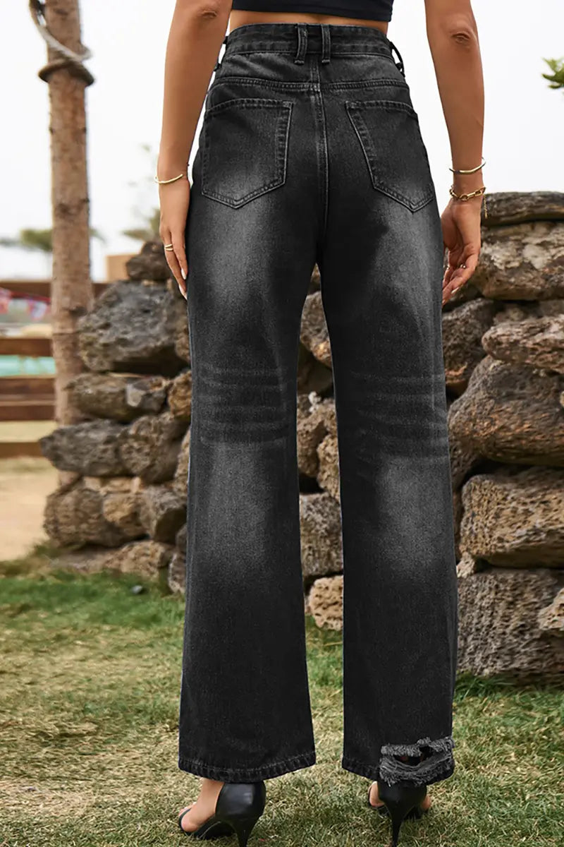 Trendy gescheurde wijde high-waist spijkerbroek