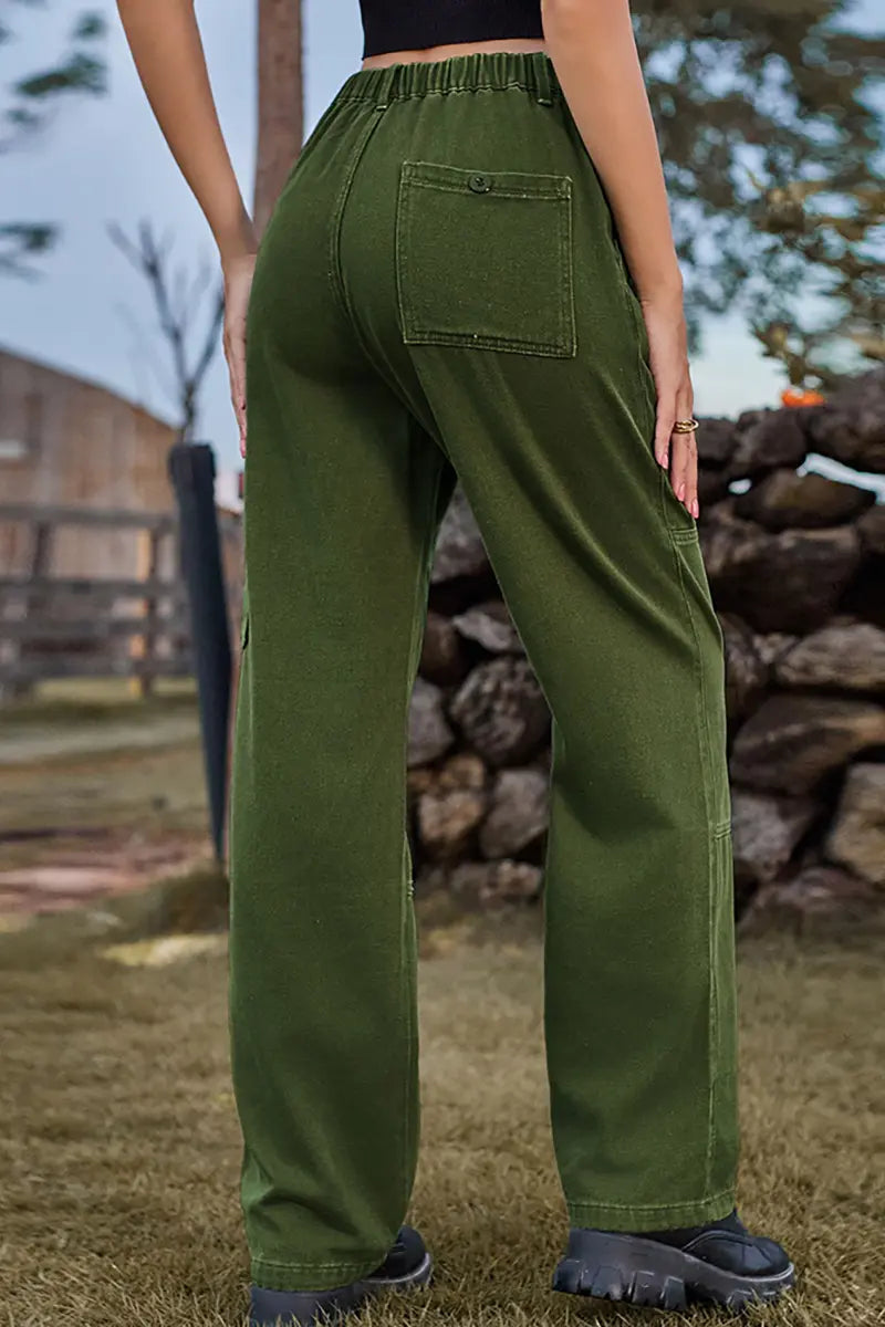 Elastic Waist Relaxed Fit Denim Cargo Pants