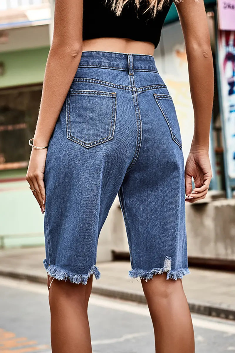 Distressed Fringe Hem Denim Shorts