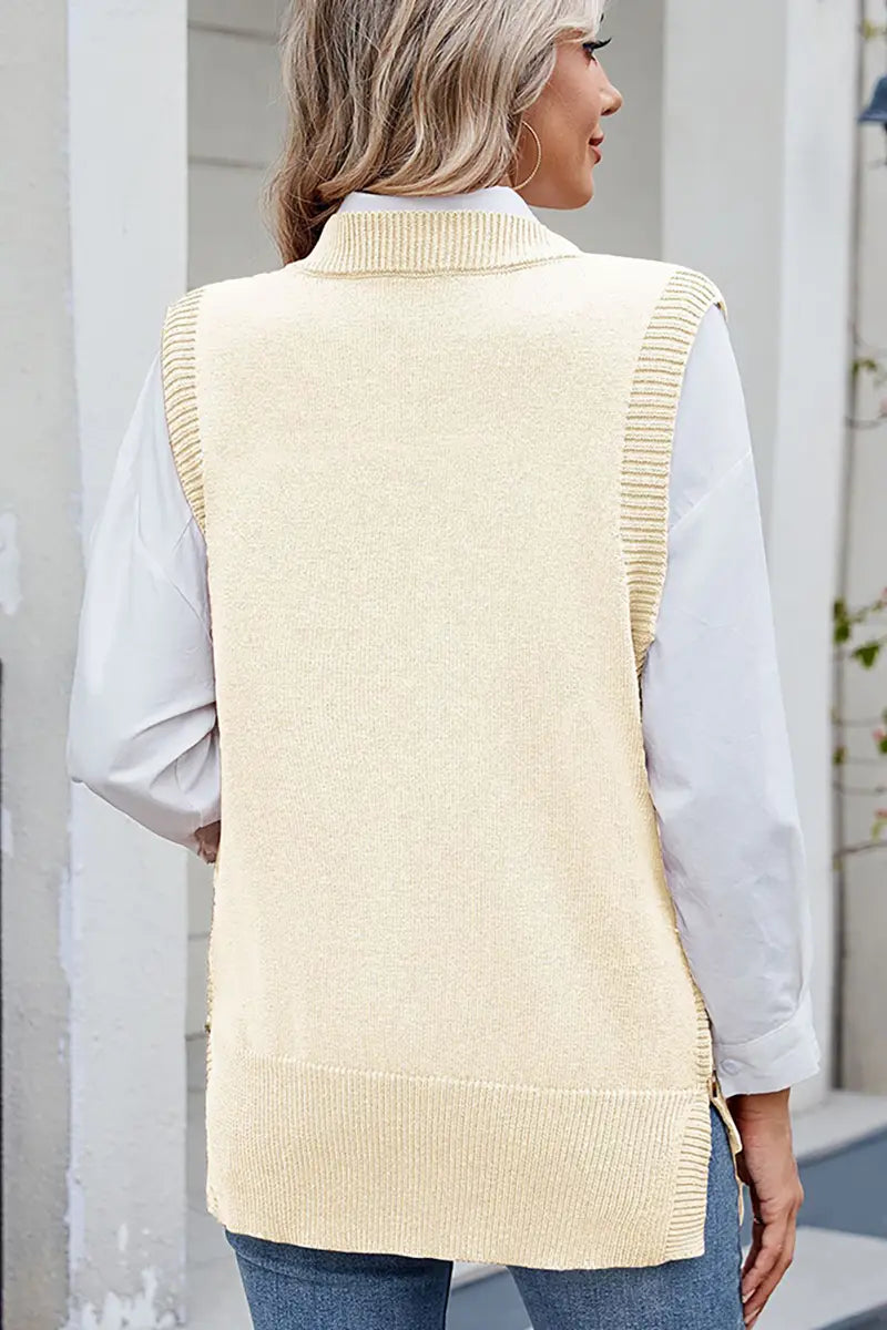 Casual Versatile Solid Button Slit Knit Sweater