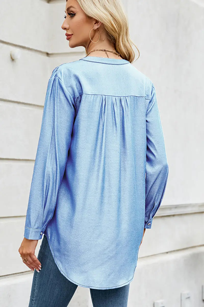 Chic Button-Down V-Neck Denim-Look Blouse