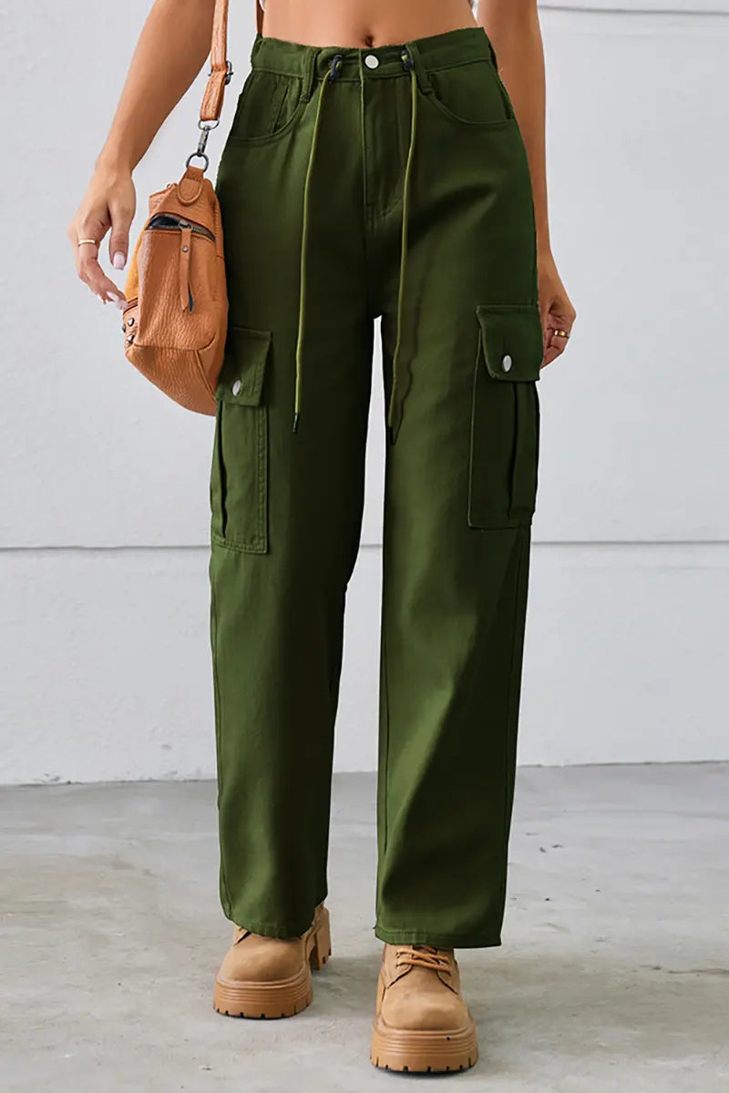 Adjustable Drawstring Washed Denim Cargo Pants