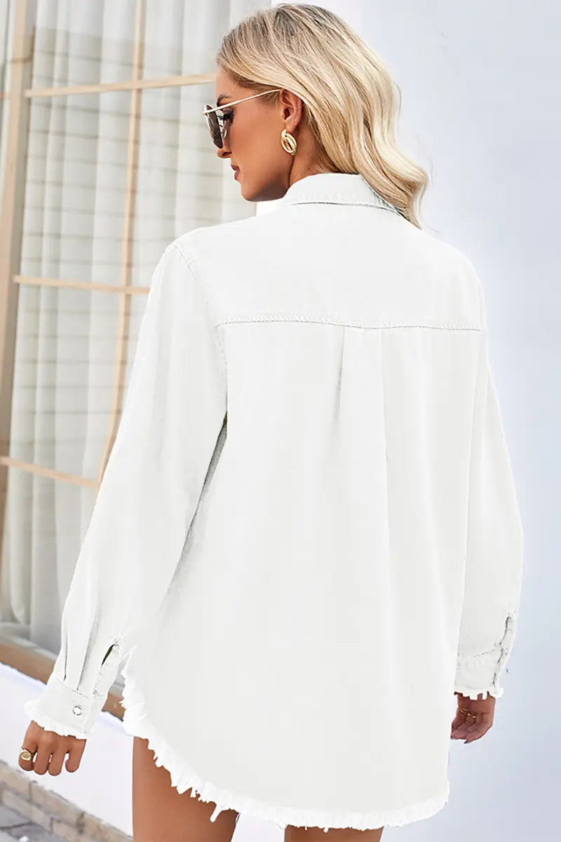Loose Frayed Denim Shirt with Sequin Pocket