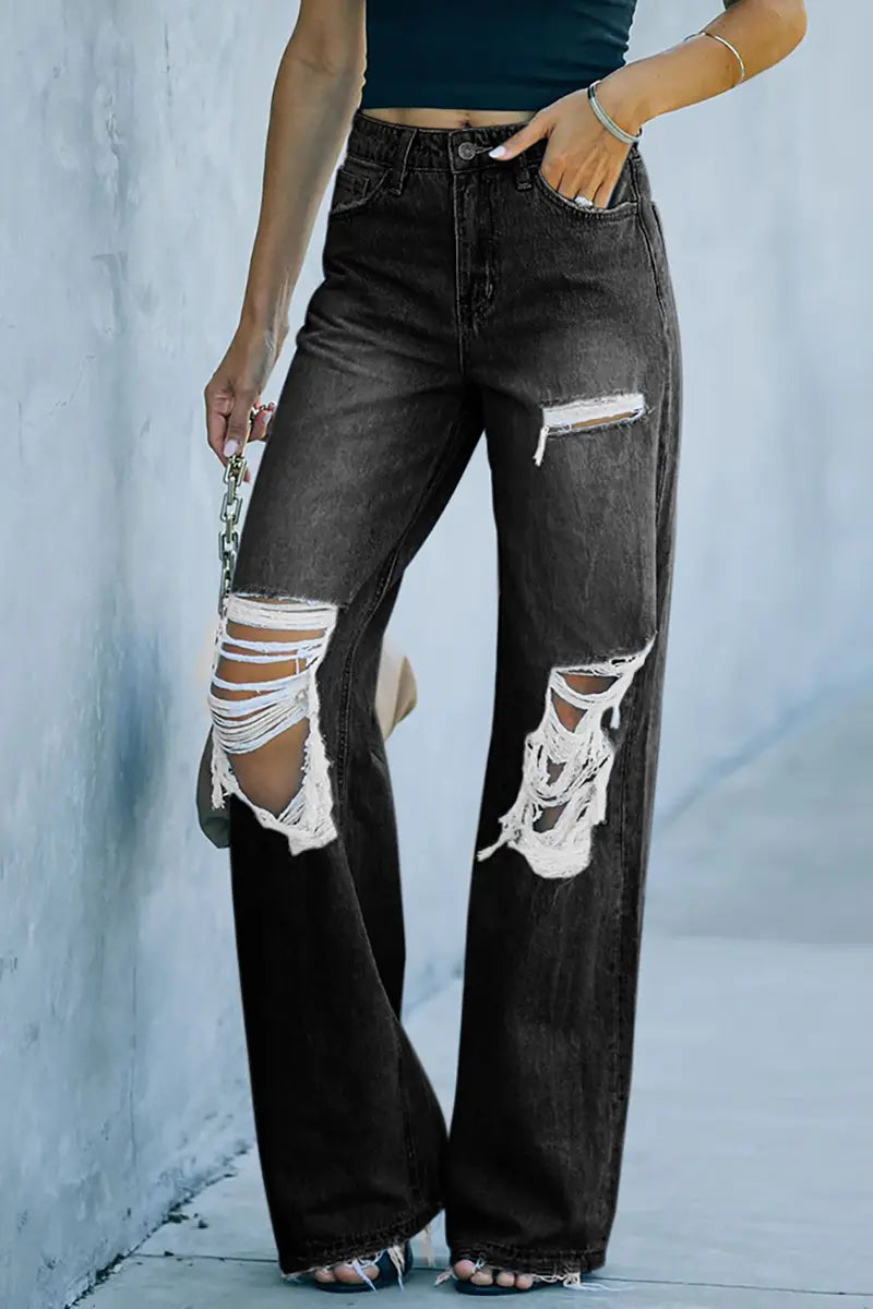 Distressed Washed Wide-Leg Street Denim Pants