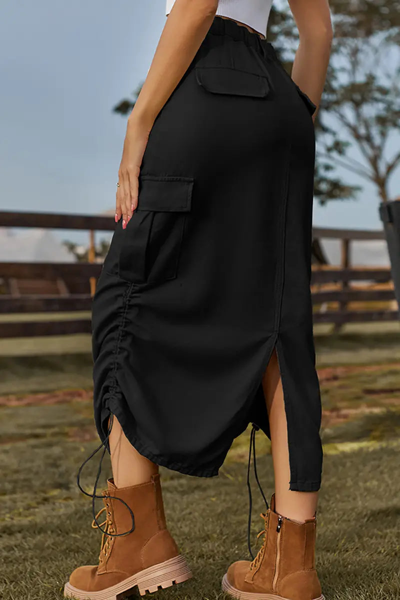 Drawstring Elastic Waist Cargo Midi Skirt