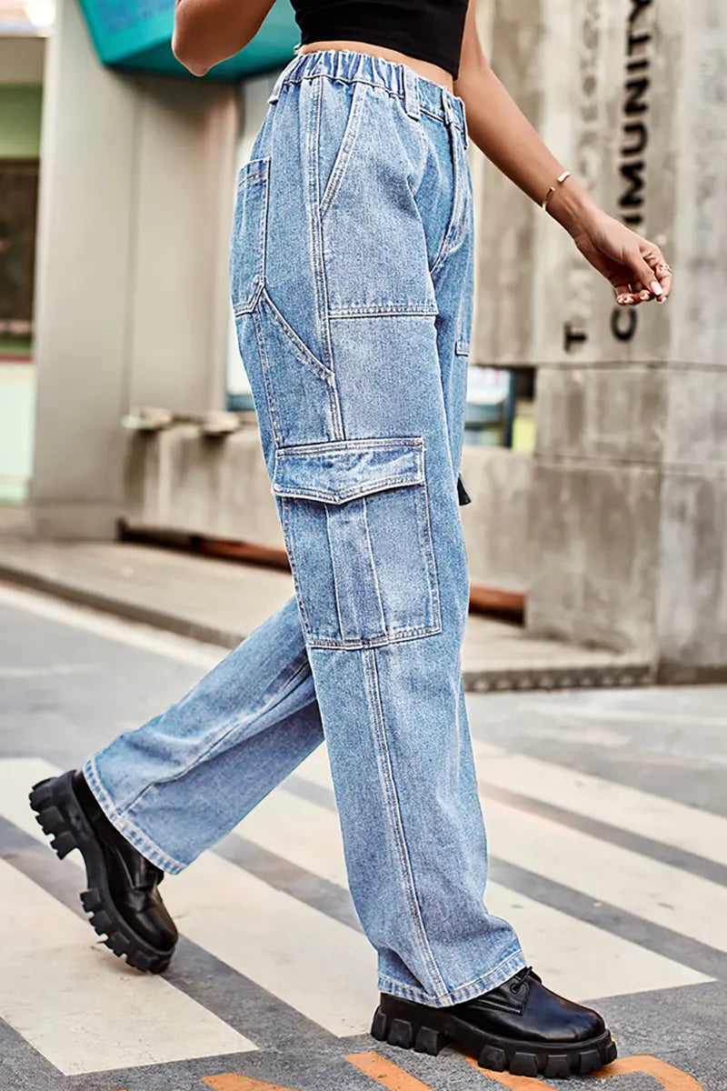 Retro Wash Elastic Waist Denim Utility Pants