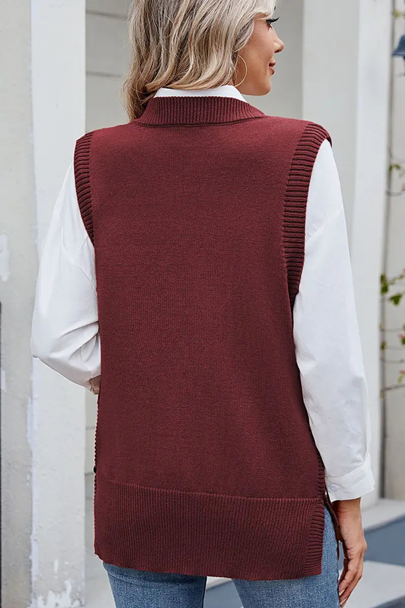 Casual Versatile Solid Button Slit Knit Sweater