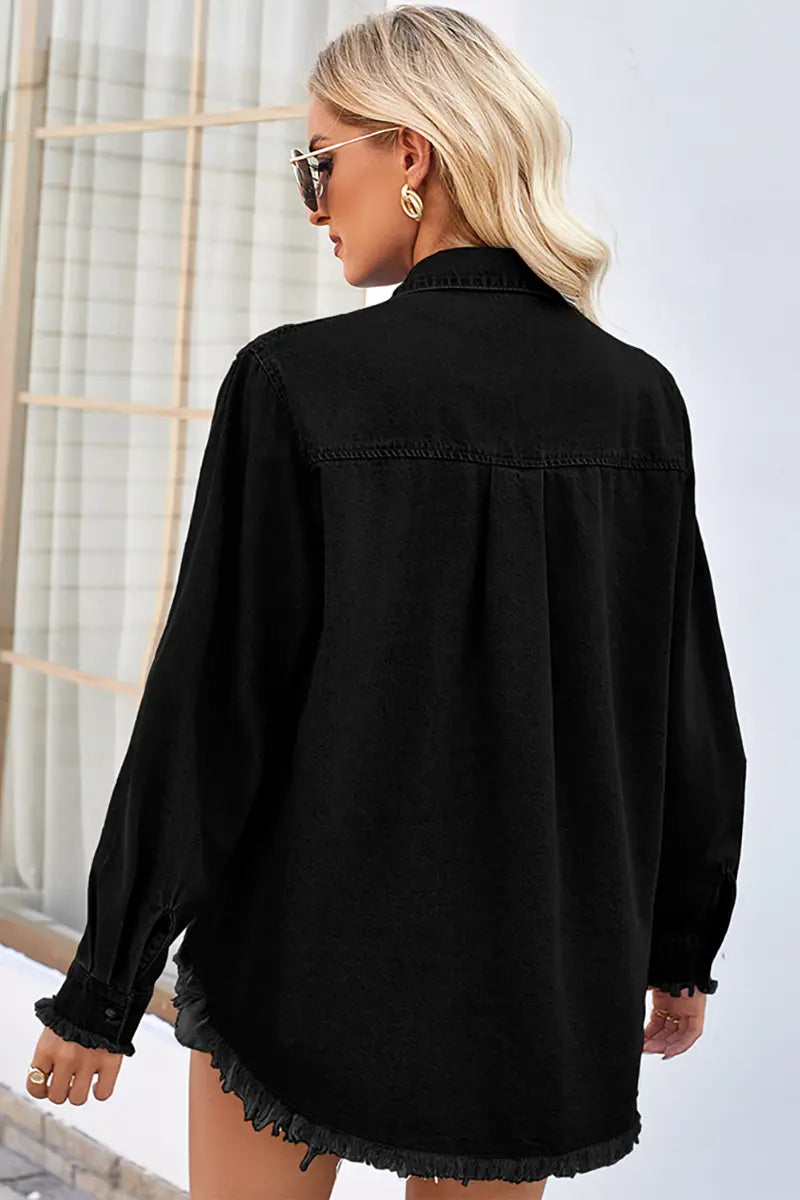Loose Frayed Denim Shirt with Sequin Pocket