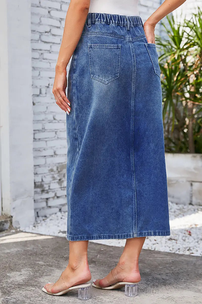 Gewassen elastische taille denim midi rok