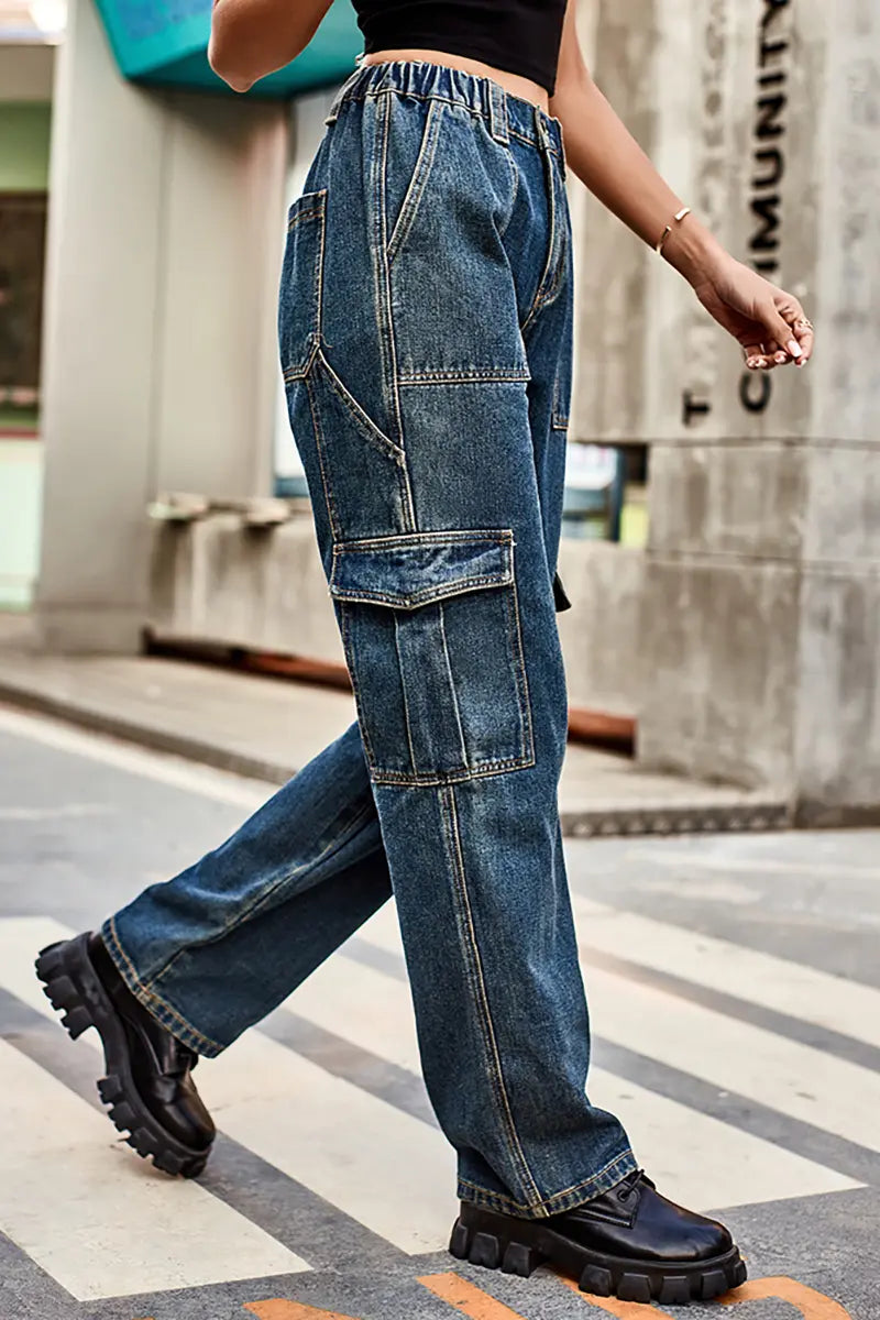 Retro Wash Elastic Waist Denim Utility Pants