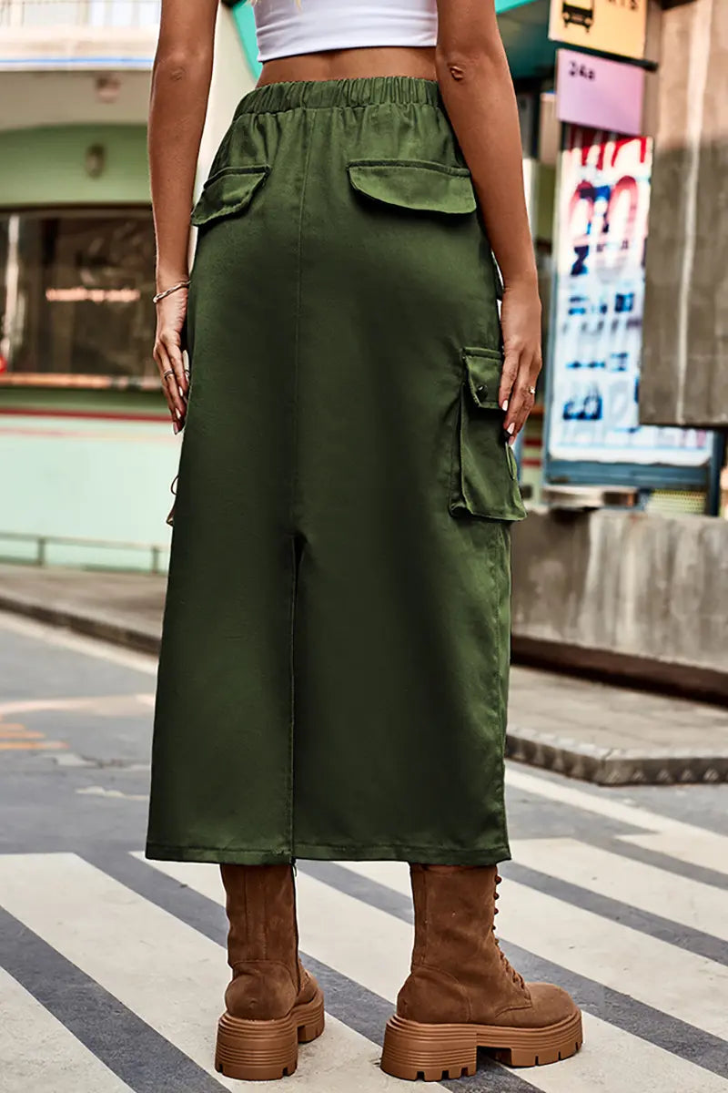 Drawstring Denim Cargo Midi Skirt