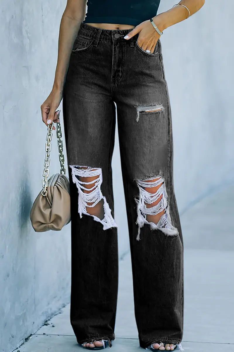 Distressed Washed Wide-Leg Street Denim Pants