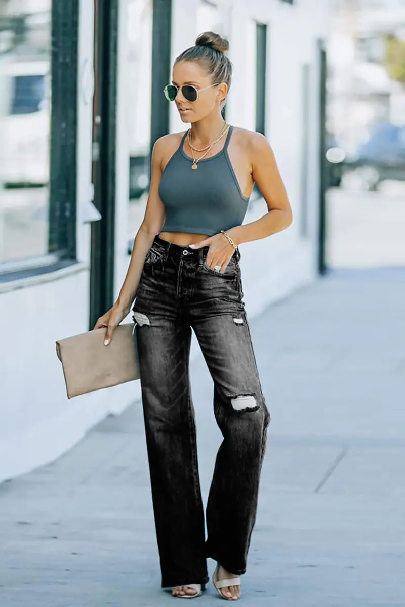 High-Waist Ripped Wide-Leg Denim Pants