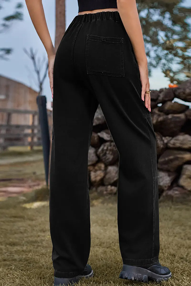 Elastic Waist Relaxed Fit Denim Cargo Pants