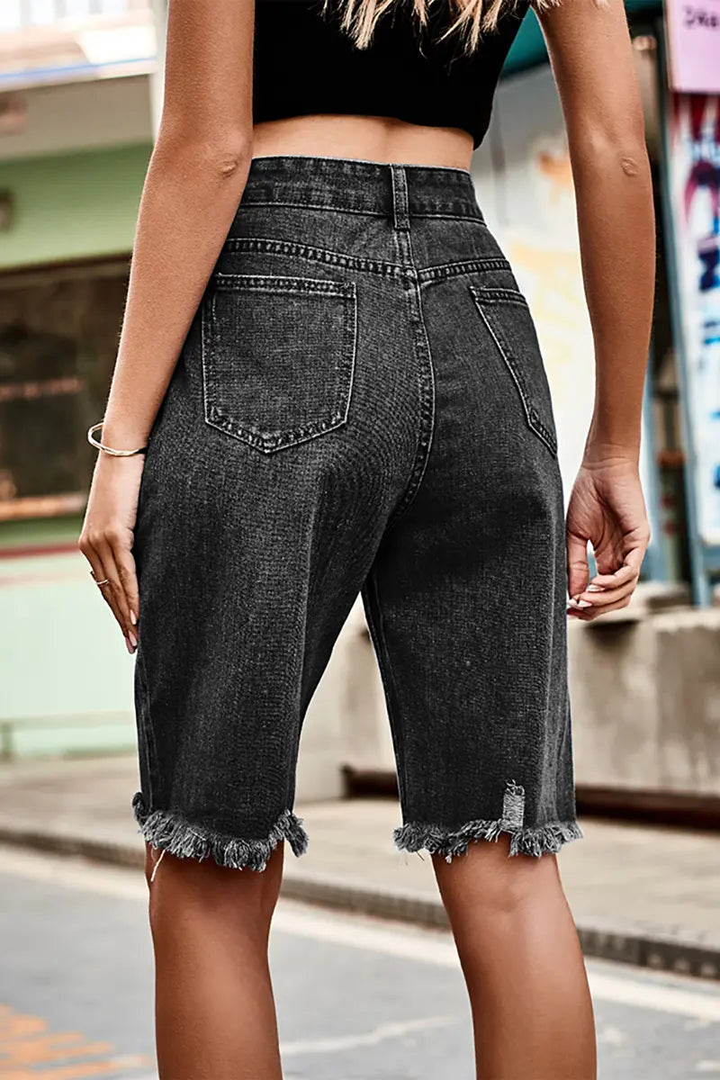 Distressed Fringe Hem Denim Shorts