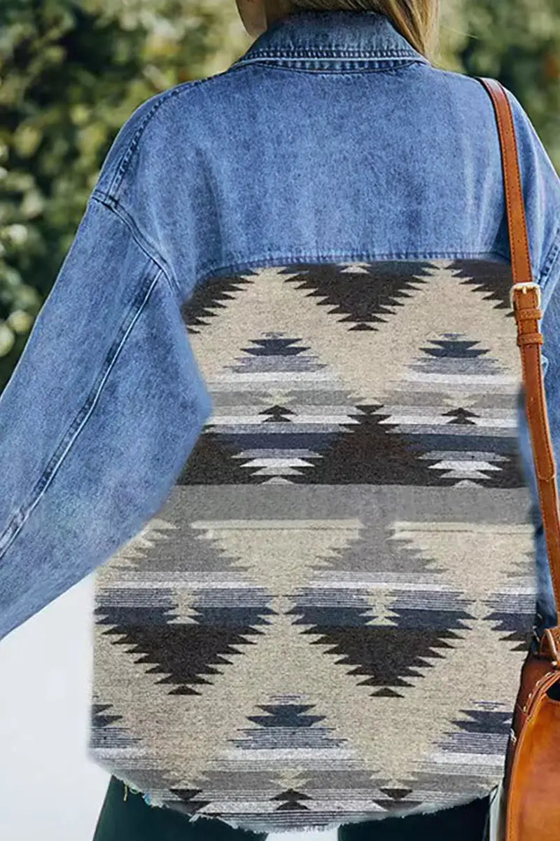 Boho Geometric Patchwork Denim Wool Coat