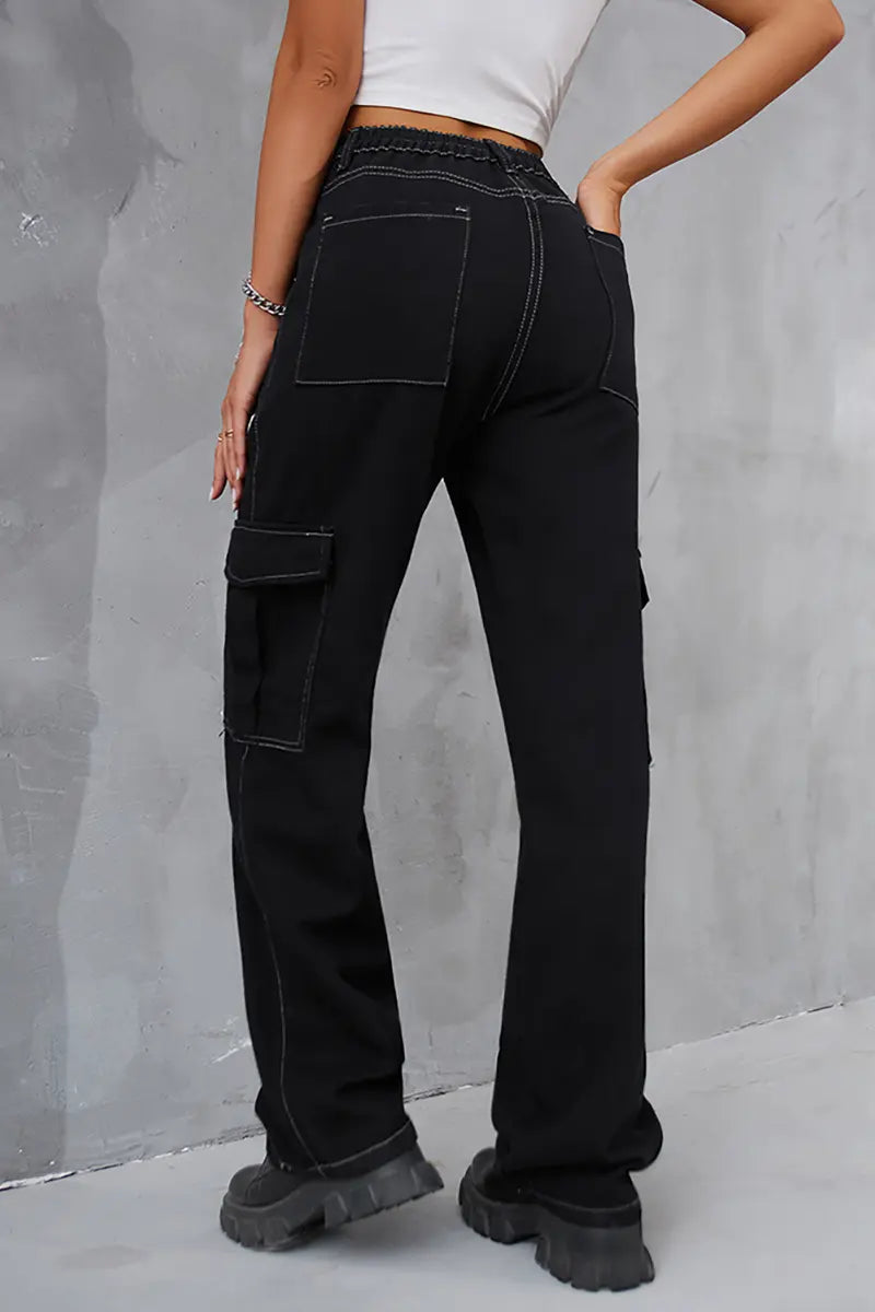 Vintage elastische taille ontspannen pasvorm denim cargobroek