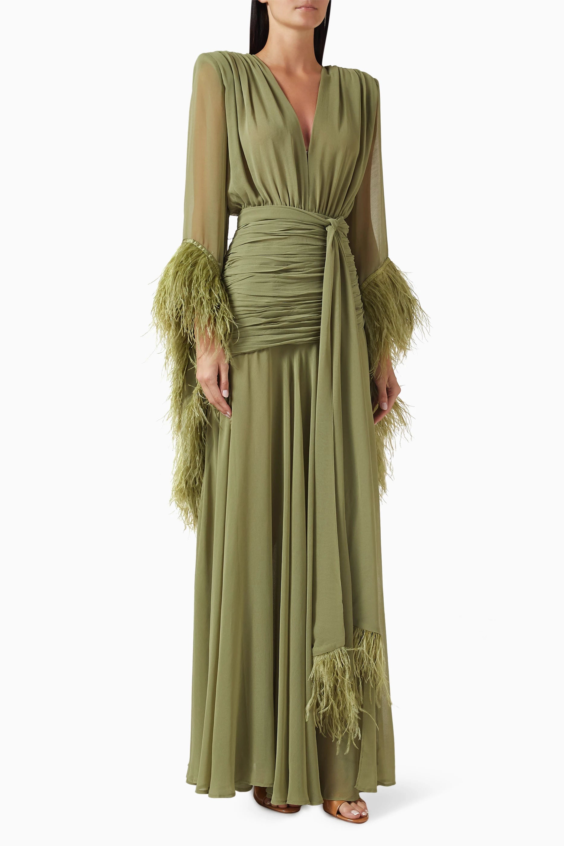 Maxikleid aus Chiffon mit Federbesatz am Ärmelabschluss