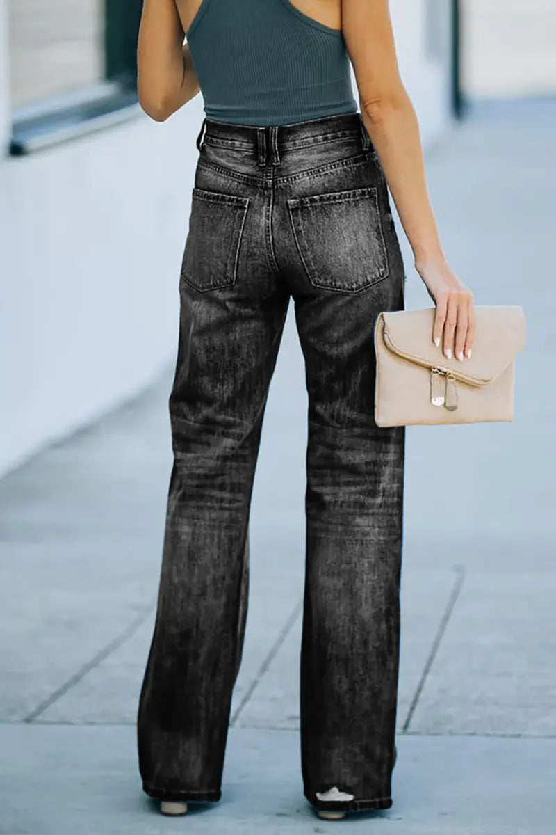 High-Waist Ripped Wide-Leg Denim Pants