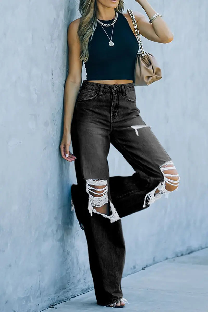 Distressed Washed Wide-Leg Street Denim Pants