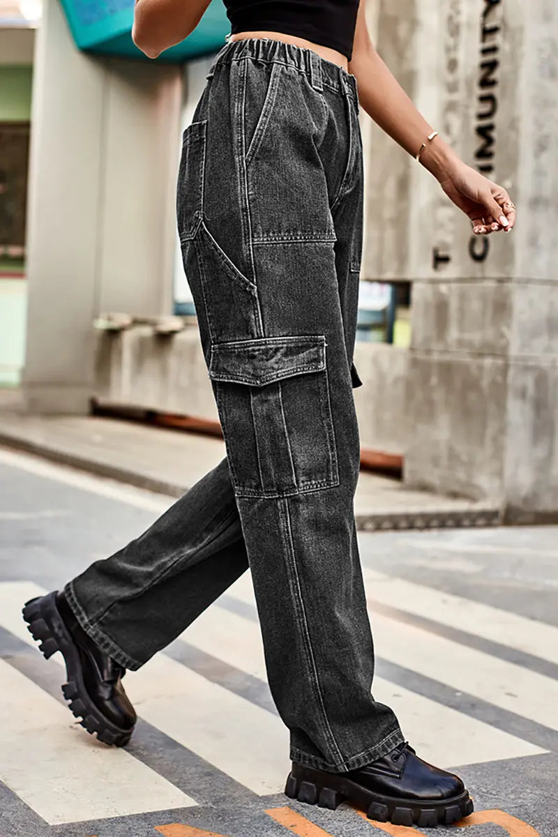 Retro Wash Elastic Waist Denim Utility Pants