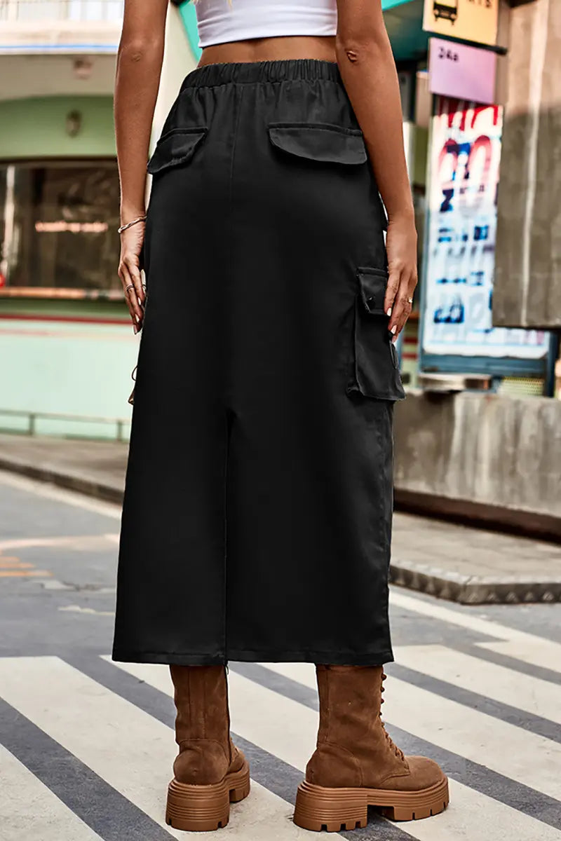 Drawstring Denim Cargo Midi Skirt