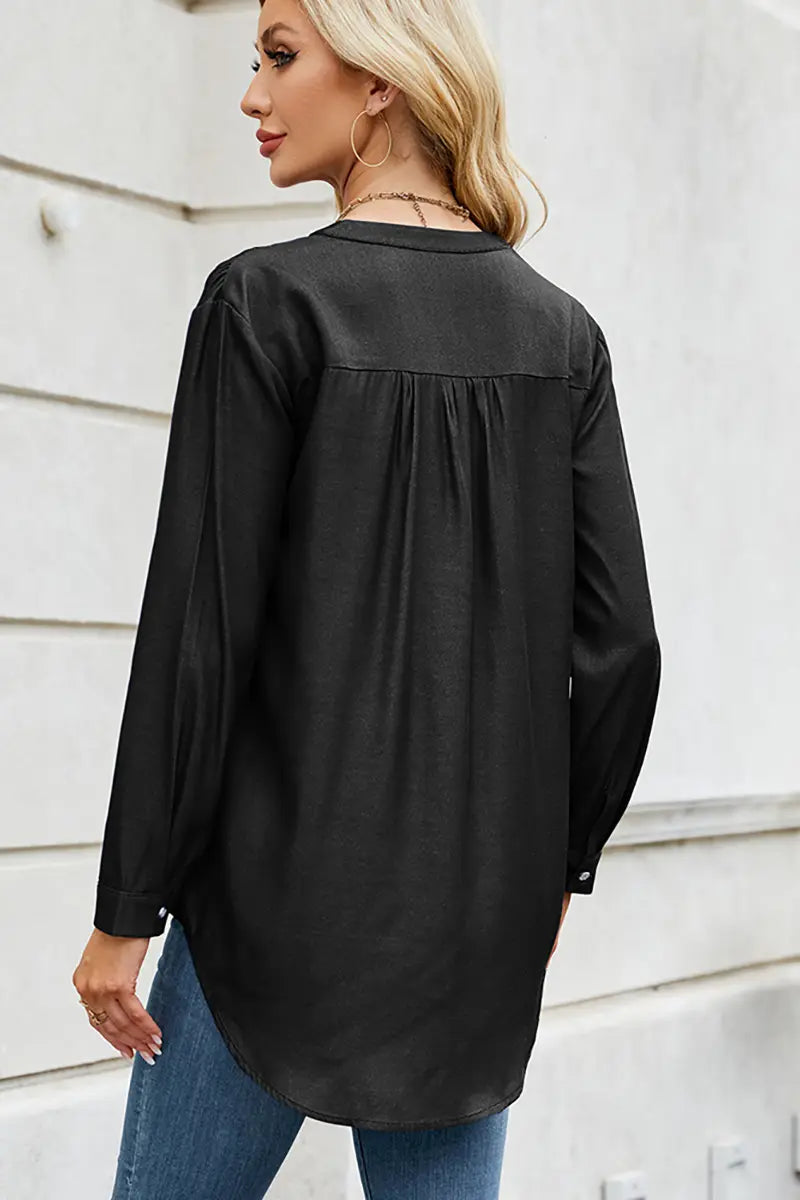 Chic Button-Down V-Neck Denim-Look Blouse