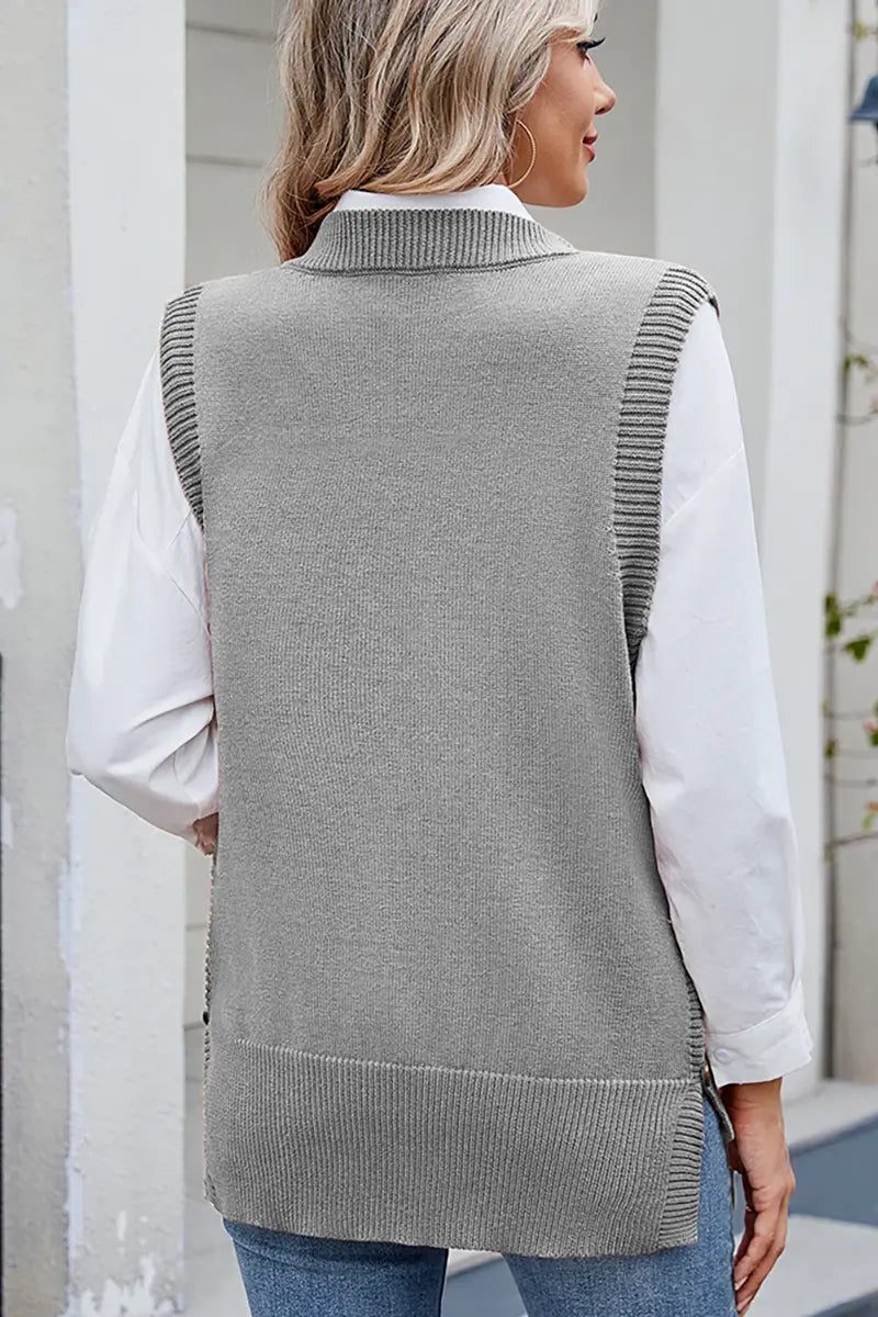 Casual Versatile Solid Button Slit Knit Sweater