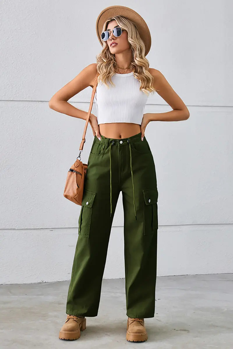 Adjustable Drawstring Washed Denim Cargo Pants