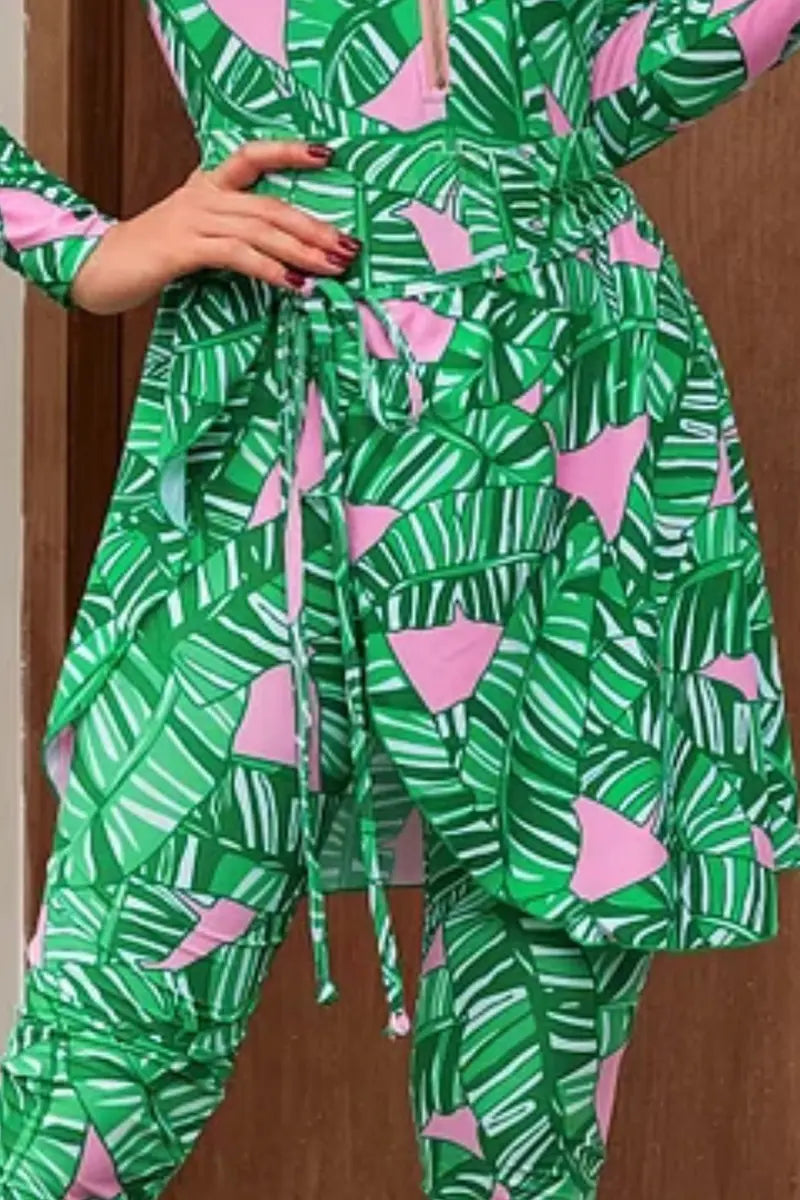 Groen Zip Lange Mouw Bedrukt Surf Badpak Set