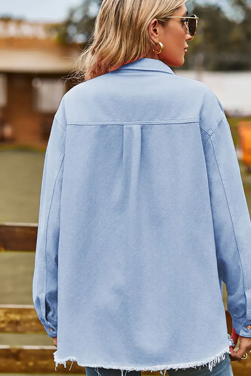 Frayed Hem Washed Denim Fringe Shirt