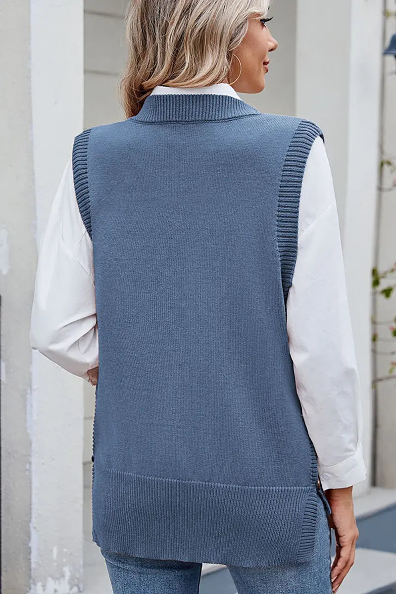 Casual Versatile Solid Button Slit Knit Sweater
