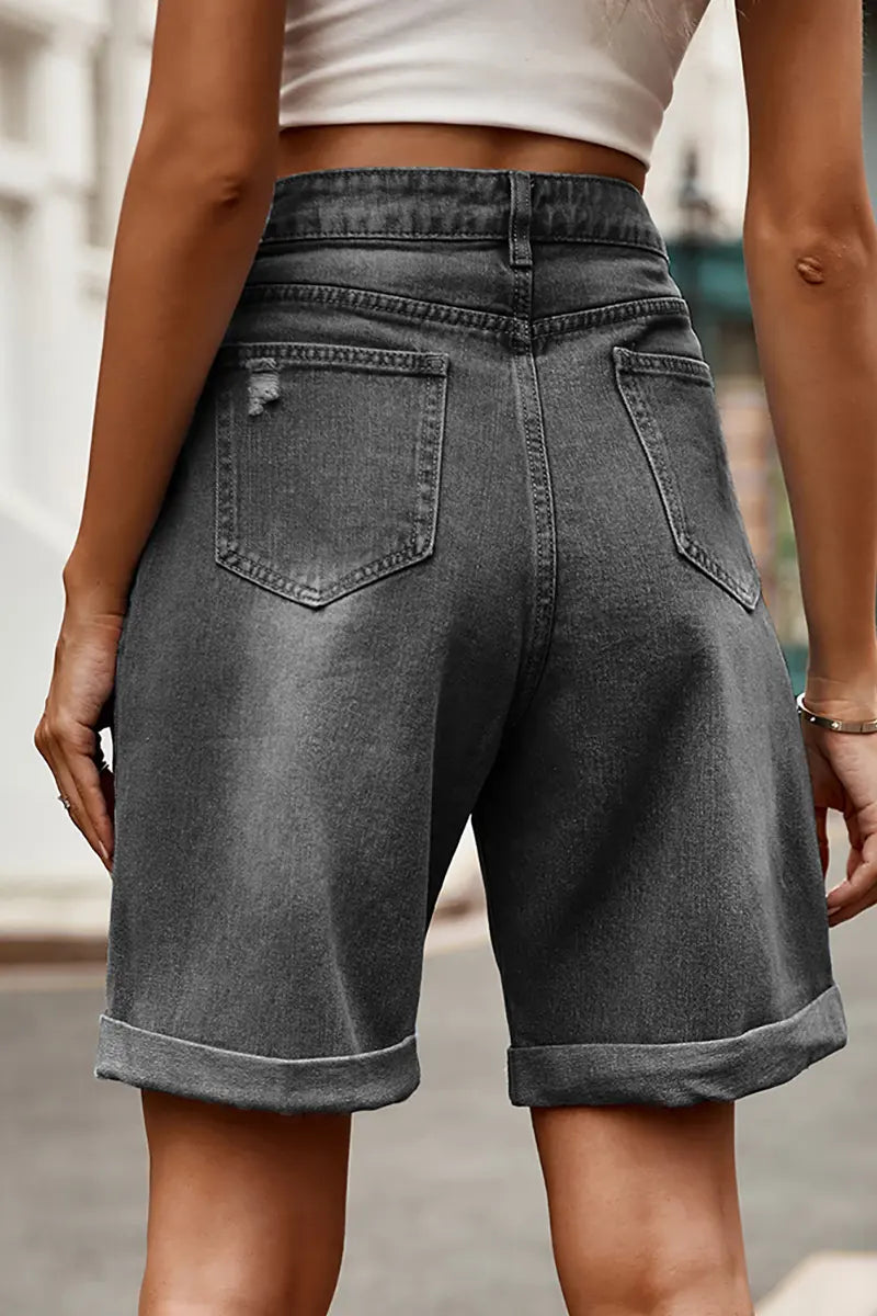 Distressed Cuffed Denim Bermuda Shorts
