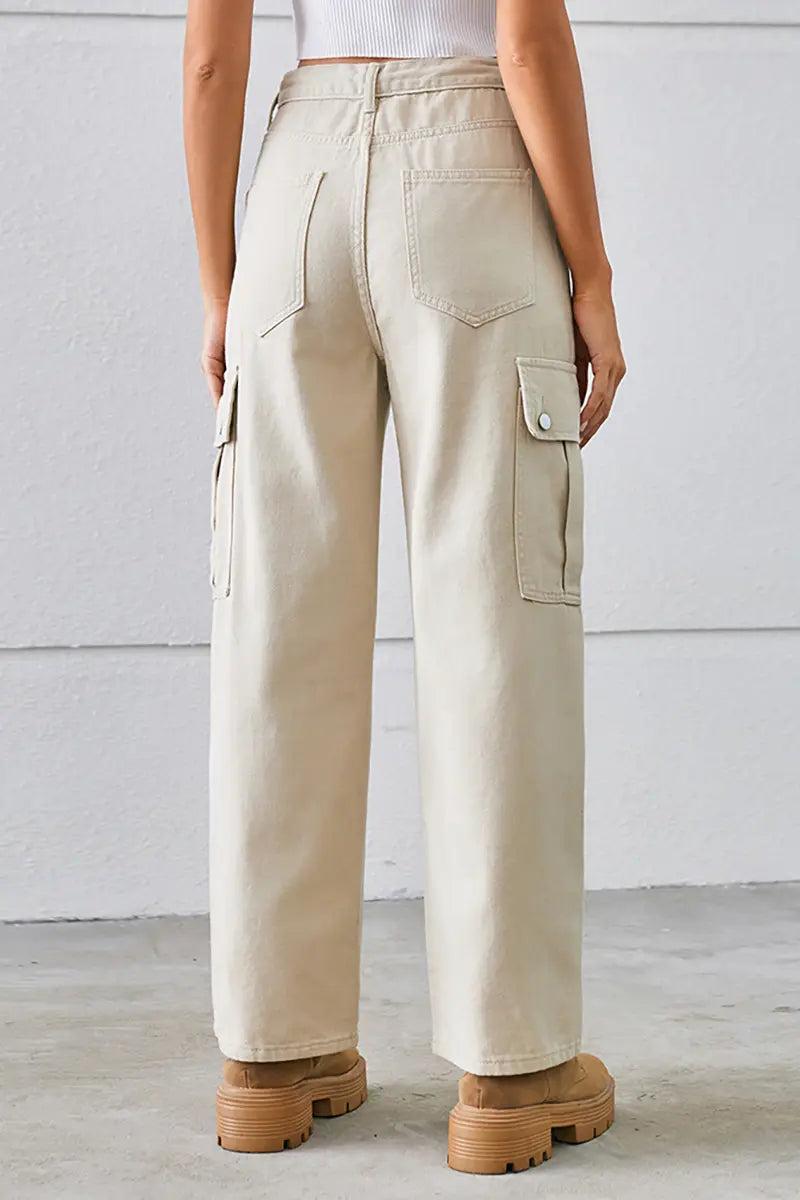 Adjustable Drawstring Washed Denim Cargo Pants