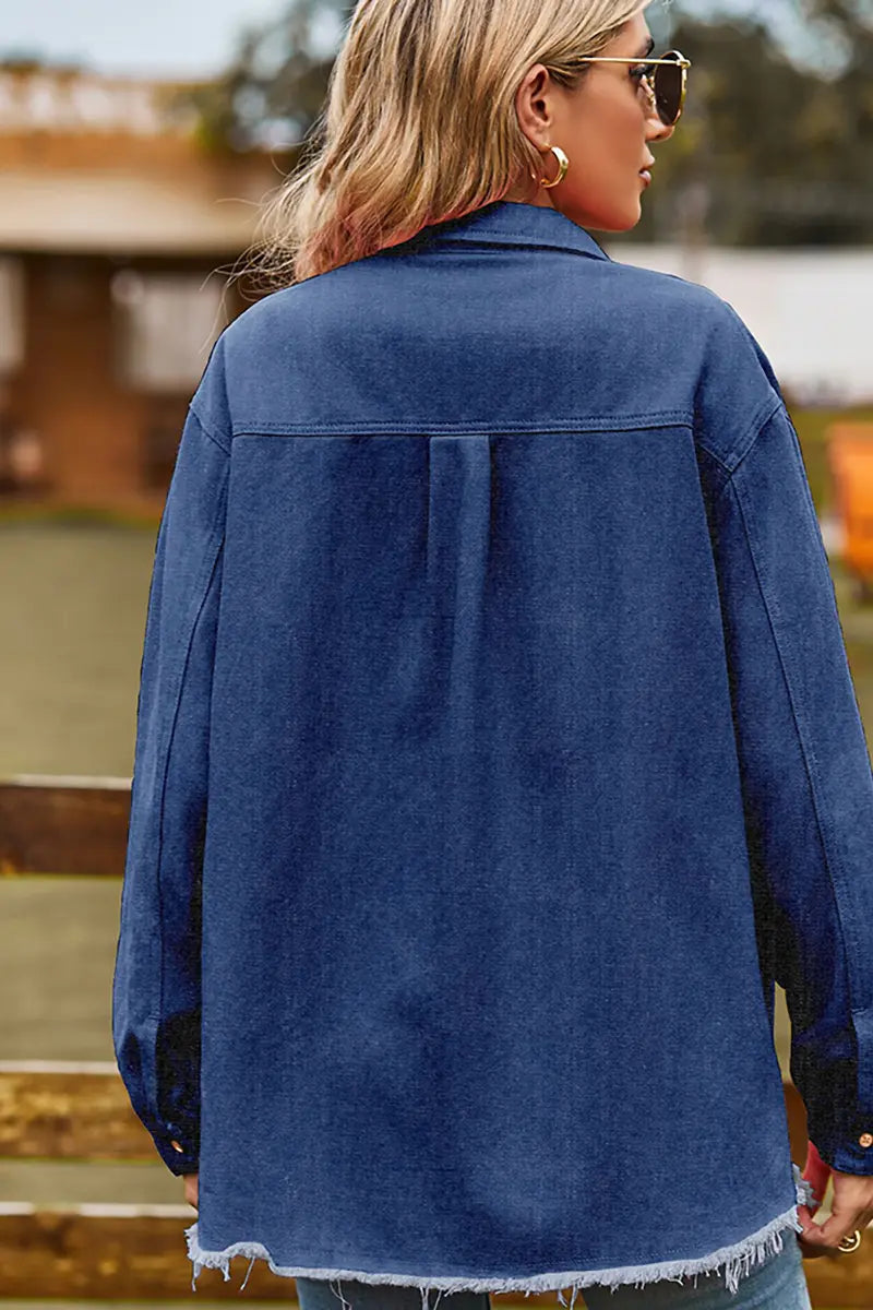 Frayed Hem Washed Denim Fringe Shirt