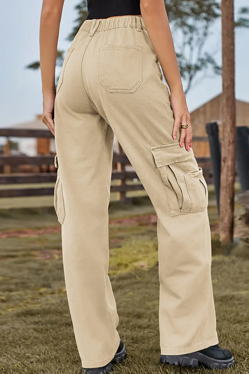 American Style Elastic-Waist Denim Cargo Pants
