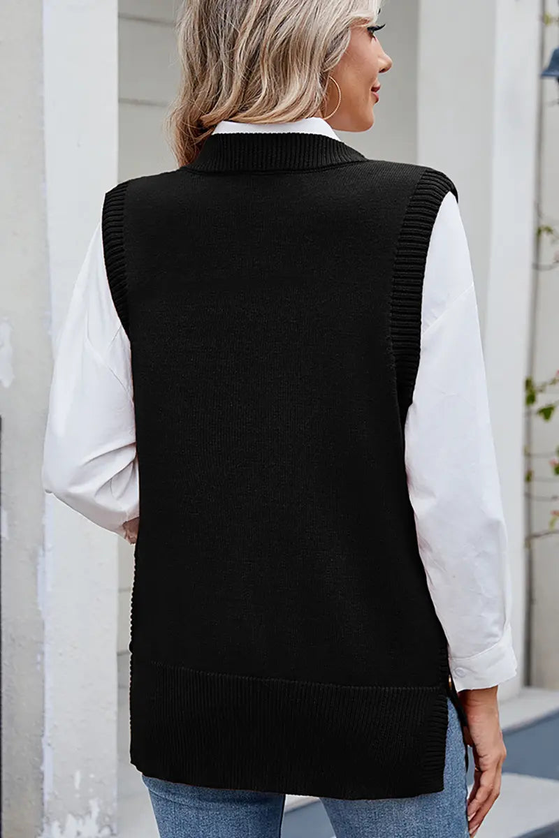 Casual Versatile Solid Button Slit Knit Sweater
