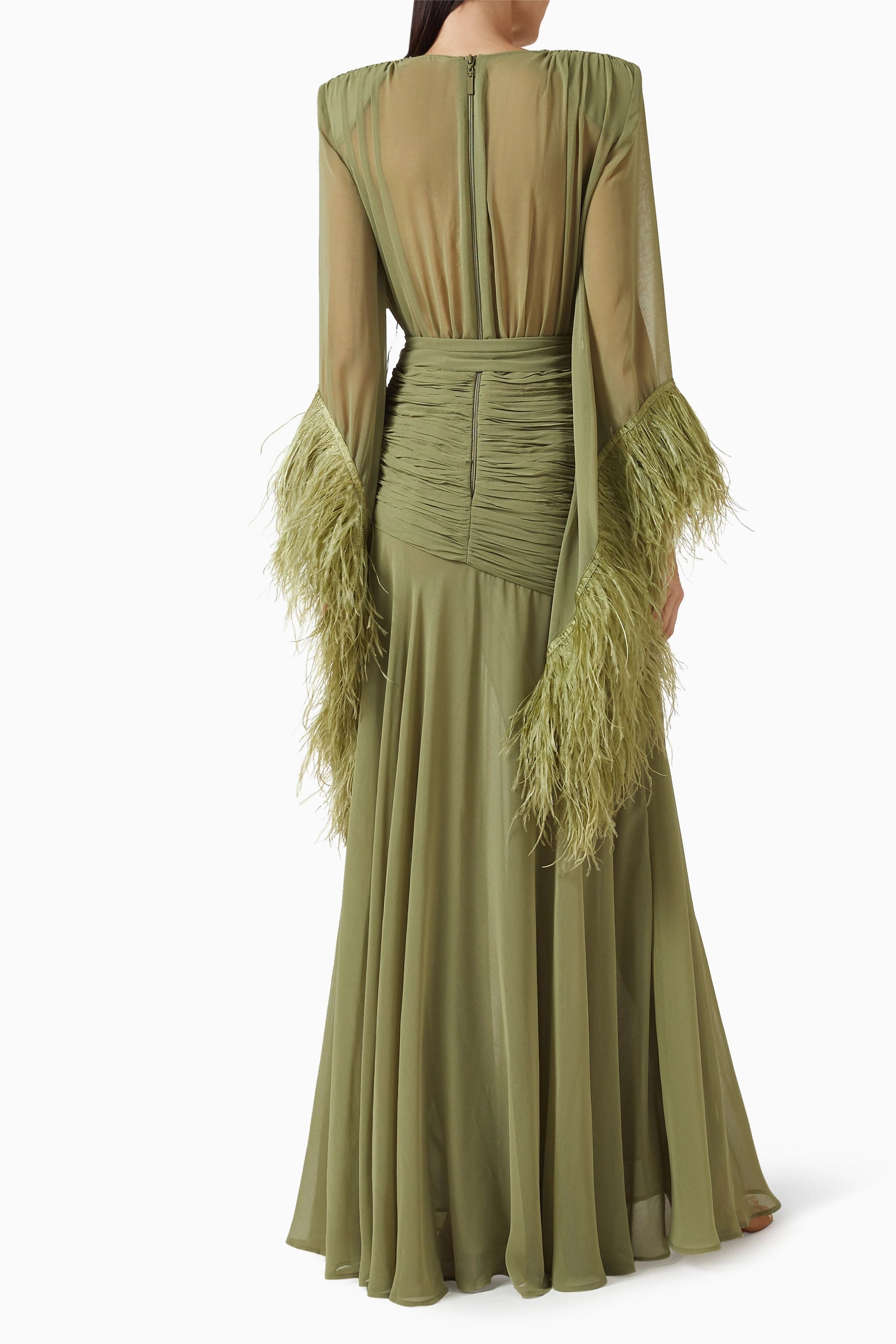 Maxikleid aus Chiffon mit Federbesatz am Ärmelabschluss