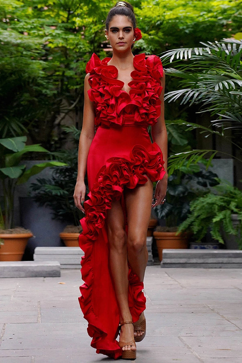 Ruffled V-Neck Red Asymmetrical Swimsuit Set