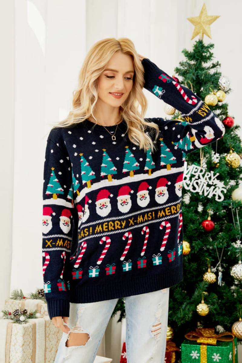 Pull tricoté à thème de Noël à col rond et coupe ample